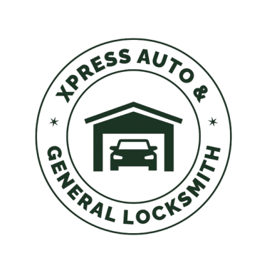 Logo for business. circle inside circle. inner circle has car in a garage. outer circle says xpress auto & general locksmith