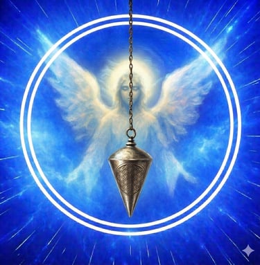 image d'un ange, un pendule de radiesthésie, deux cercles blancs ciel bleu