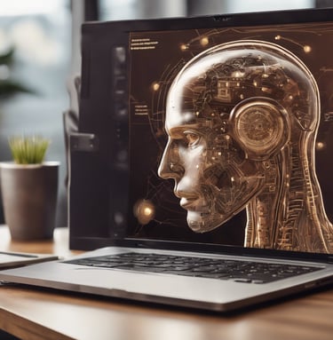 A MacBook with lines of code on its screen on a busy desk