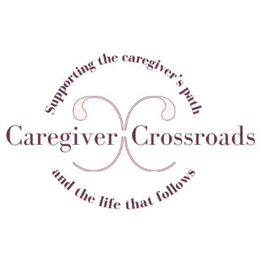 mauve logo: Caregiver Crossroads, 2 stems crossing, "Supporting the caregiver's path - and the life that follows" encircling