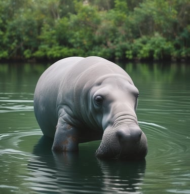 Un lamantino nell'acqua verdastra di una palude