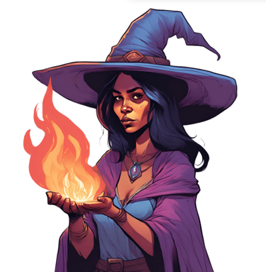 a woman in a witch hat holding a fire