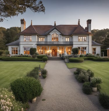 a large house with a driveway leading to a large lawn