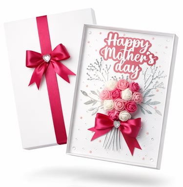  Mother's Day  greeting card 3D floral bouquet with pink roses and a satin ribbon bow. with a box 