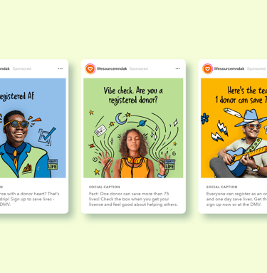 Donate Life Midwest youth campaign social ads with captions.