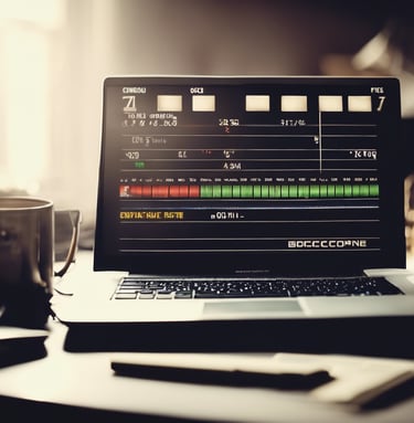 A laptop displaying digital audio workstation software with a project open on the screen, showing various audio tracks in a timeline format. The software interface has multiple panels with track names and audio waveforms visible. The room is softly lit, as indicated by the warm glow on the left side.