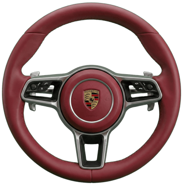 Luxury red leather Porsche steering wheel with silver accents and center crest logo on a black background.