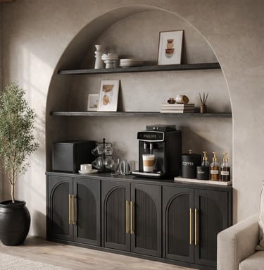 Modern home coffee station with black Philips espresso machine on a dark wood sideboard in an arched alcove.