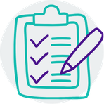 Teal clipboard icon with a purple pen and checkmarks for task management and surveys.