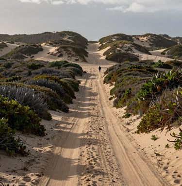 Overcast coastal morning, a narrow sandy road flanked by low native vegetation leading toward the dune ridge at Pipa, worn tire tracks visible in the sand, a local resident on foot in the middle distance, muted natural light, wide environmental framing showing the road's relationship to the dune landscape