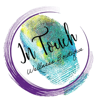 In Touch Wellness Boutique logo featuring a colorful fingerprint inside a purple circular brush stroke.