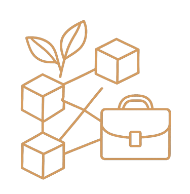 A fine-line golden illustration showing interconnected cubes, leaves, and a briefcase, representing the intersection of business and clean energy.