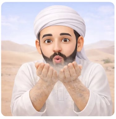 3D Muslim man in white jellaba and white turban in desert blowing gently on his hands to remove excess dust during tayammum