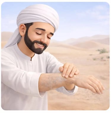 3D Muslim man in white jellaba and white turban in the desert wiping right hand during tayammum