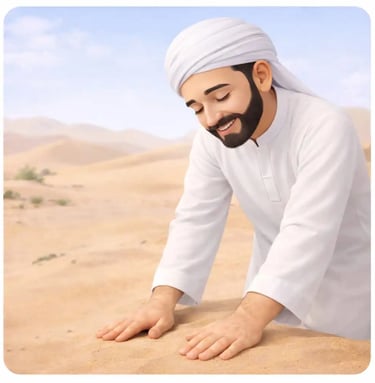  3d smiling-muslim-man-white-jellaba-white-turban-desert-hands-on-earth-tayammum.webp