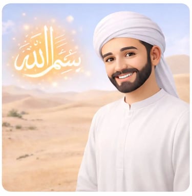 Smiling 3D Muslim man in white jellaba and white turban in the desert making intention for tayammum before prayer