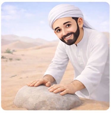 Smiling 3D Muslim man in white jellaba and white turban placing his hands on a clean stone for tayammum dry ablution step