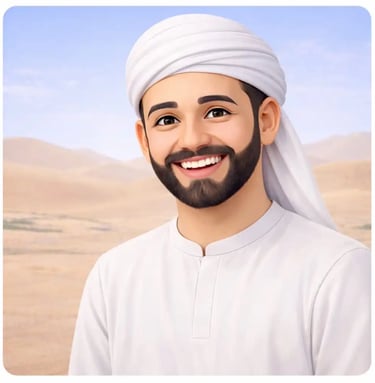 Smiling 3D Muslim man in white jellaba and white turban in the desert reciting the Shahada after completing tayammum