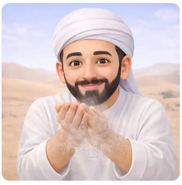 Smiling 3D Muslim man in white jellaba and white turban in the desert tapping hands to remove excess dust during tayammum