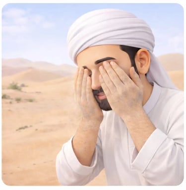 Smiling 3D Muslim man in white jellaba and white turban in the desert wiping face during tayammum