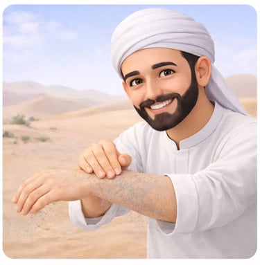 Smiling 3D Muslim man in white jellaba and white turban in the desert wiping left hand during tayammum