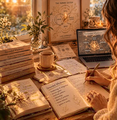 A soft workspace with books handwritten notes, and tools for reflection symbolizing lnner exploratio