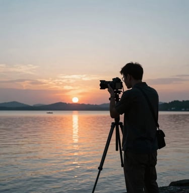 A cinematic shot of a sunset over a calm lake, silhouetting a photographer with a camera on a tripod, reflecting the quiet beauty of creation, mood is serene and professional, incorporating #4C6A65 and #1A2F3C tones.