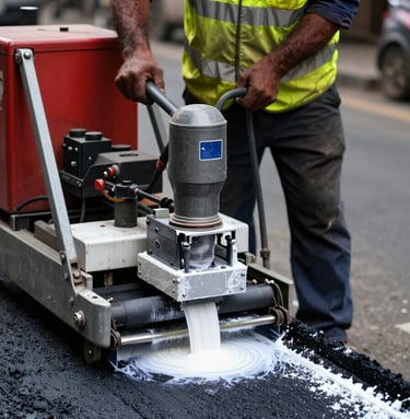 Close-up action shot of a road worker in a high-visibility yellow vest and safety gear operating a thermoplastic line painting machine on a South Asian city street. The molten white paint is being applied with perfect precision on the dark road surface. Natural daylight.