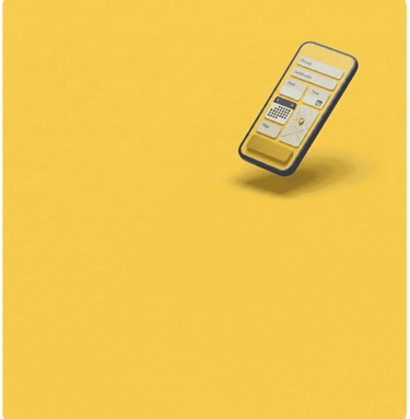3D mobile app interface for ride booking with calendar and map icons on a yellow background.