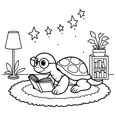 Coloring page of a turtle reading a book in the living room