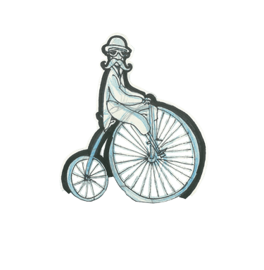 Vintage-style illustration of a moustachioed gentleman riding a classic penny farthing bicycle. 