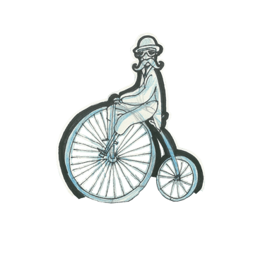 Vintage-style illustration of a man with a mustache riding a classic penny-farthing bicycle.