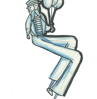 Whimsical blue ink illustration of a tall man in a sailor suit holding balloons on a black background.