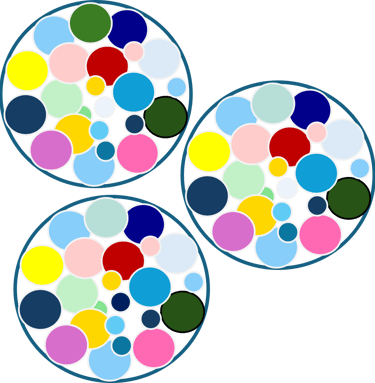 3 Kreise mit farbigen Punkten, doch jeder unterscheidet sich in einem farbigen Punkt.