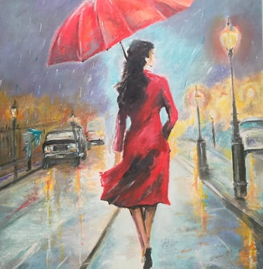 Painting of a woman in red walking in the rain