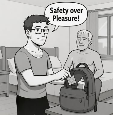 male pulling condom out with another male on sitting on male with wrinkles