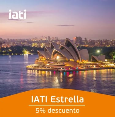 Sydney Opera House illuminated at twilight with city skyline and IATI travel insurance discount text.