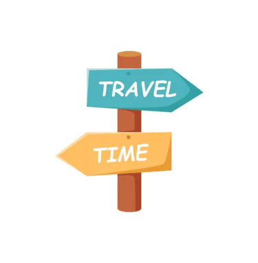 A wooden directional sign sticker with arrows pointing to travel and time on a black background.