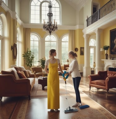 two woman standing in a huge house with big windows in an entry way cleaning the floor