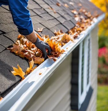 a person is cleaning a gutter wearing a glove