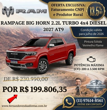 Red Ram Rampage Big Horn 2027 4x4 Diesel truck promotional offer with pricing and specifications.
