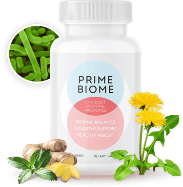 Prime Biome probiotic supplement bottle with ginger, mint, and dandelion for gut and skin health.
