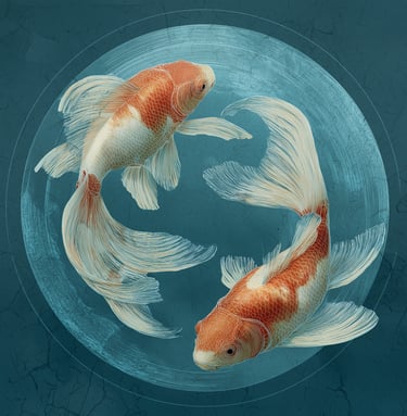 deux poissons orange et blanc se tournent autour dans l'océan