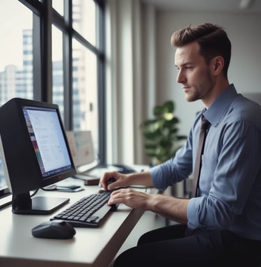 A person wearing a suit and tie sits cross-legged at a small desk, working on a laptop. A notebook with handwritten notes and a microphone are placed next to the laptop. The setup is on a wooden floor with a geometric-patterned cushion beside it.