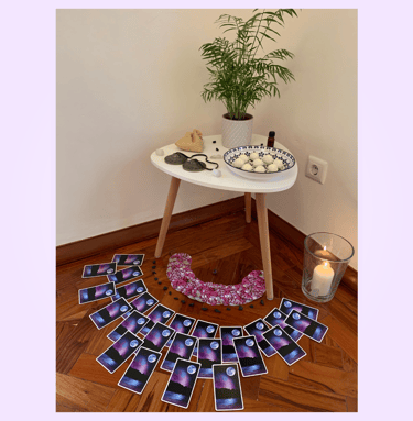 A table with offerings as a shrine during a yoga, reiki and yoga nidra workshop in Lisbon, Portugal.