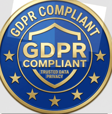 Blue and gold GDPR Compliant seal for trusted data privacy and security standards.