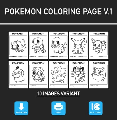 Pokemon Coloring Page Educational Activity Download PDF PNG Purchase Unlimited Use