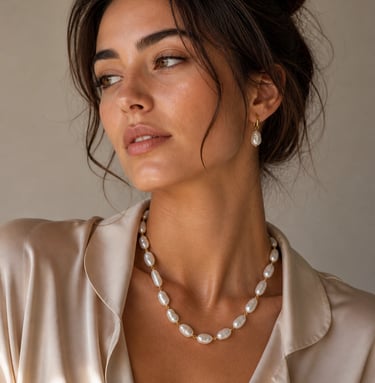 Elegant woman wearing a luxury baroque pearl necklace and matching drop earrings with a silk blouse.