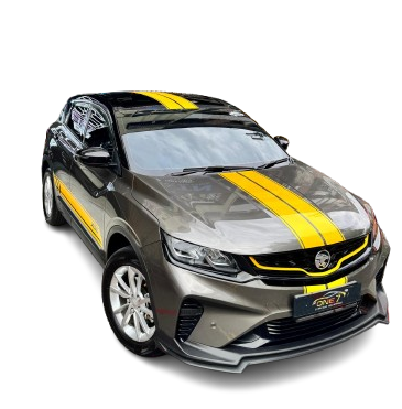 Proton X50 SUV with yellow racing stripe custom wrap outside One 7 Garage