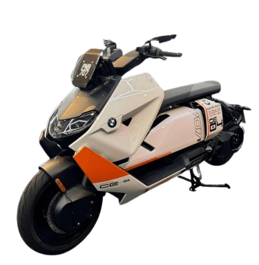 BMW CE 04 electric scooter wrapped in white and orange vinyl finish
